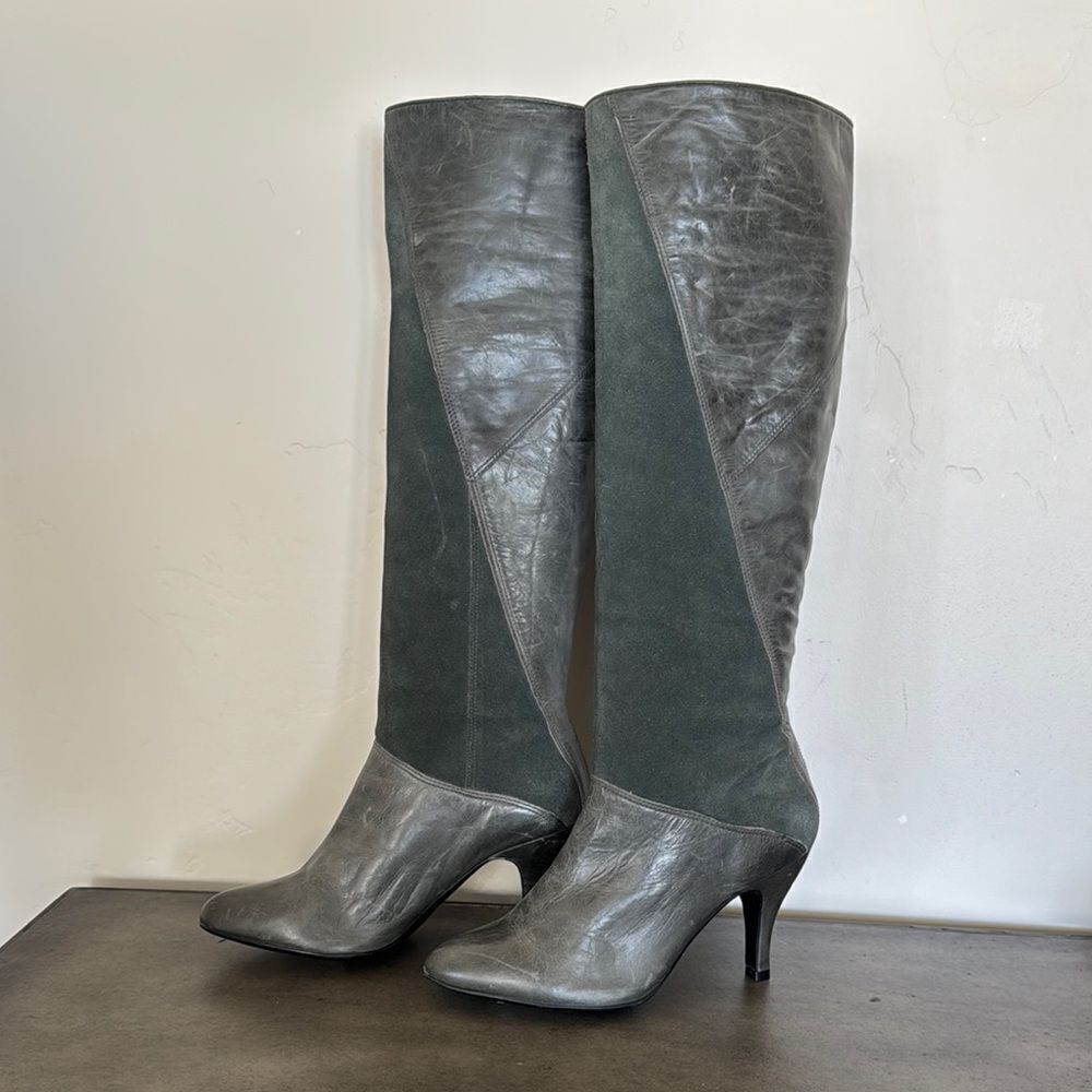Gianni Bini Marlow Suede Leather Gray/Green Knee-High Boots Women's Size 6M GUC